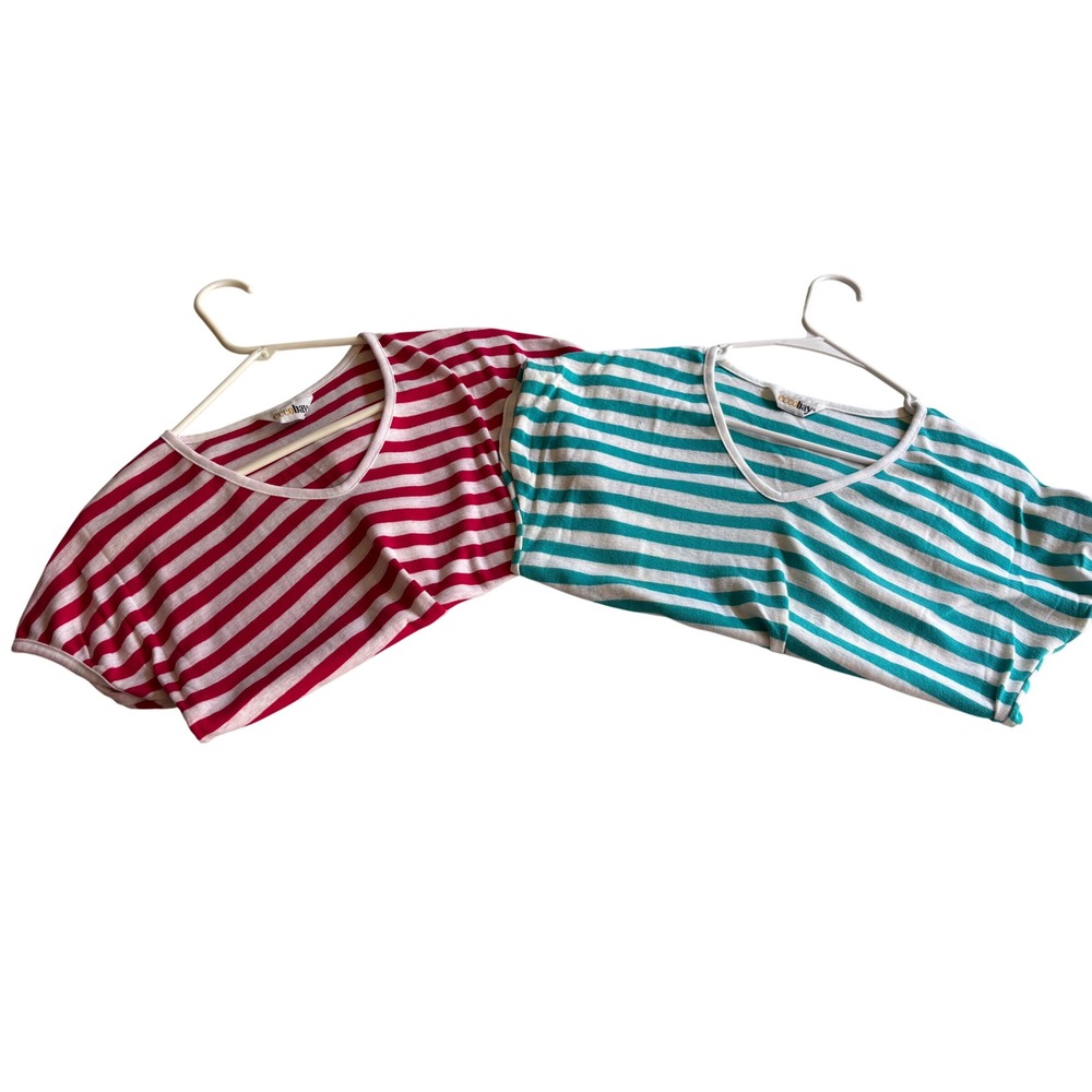 Vintage Eccobay Striped V-Neck T-Shirts Set of 2 Red Teal White Large Retro
